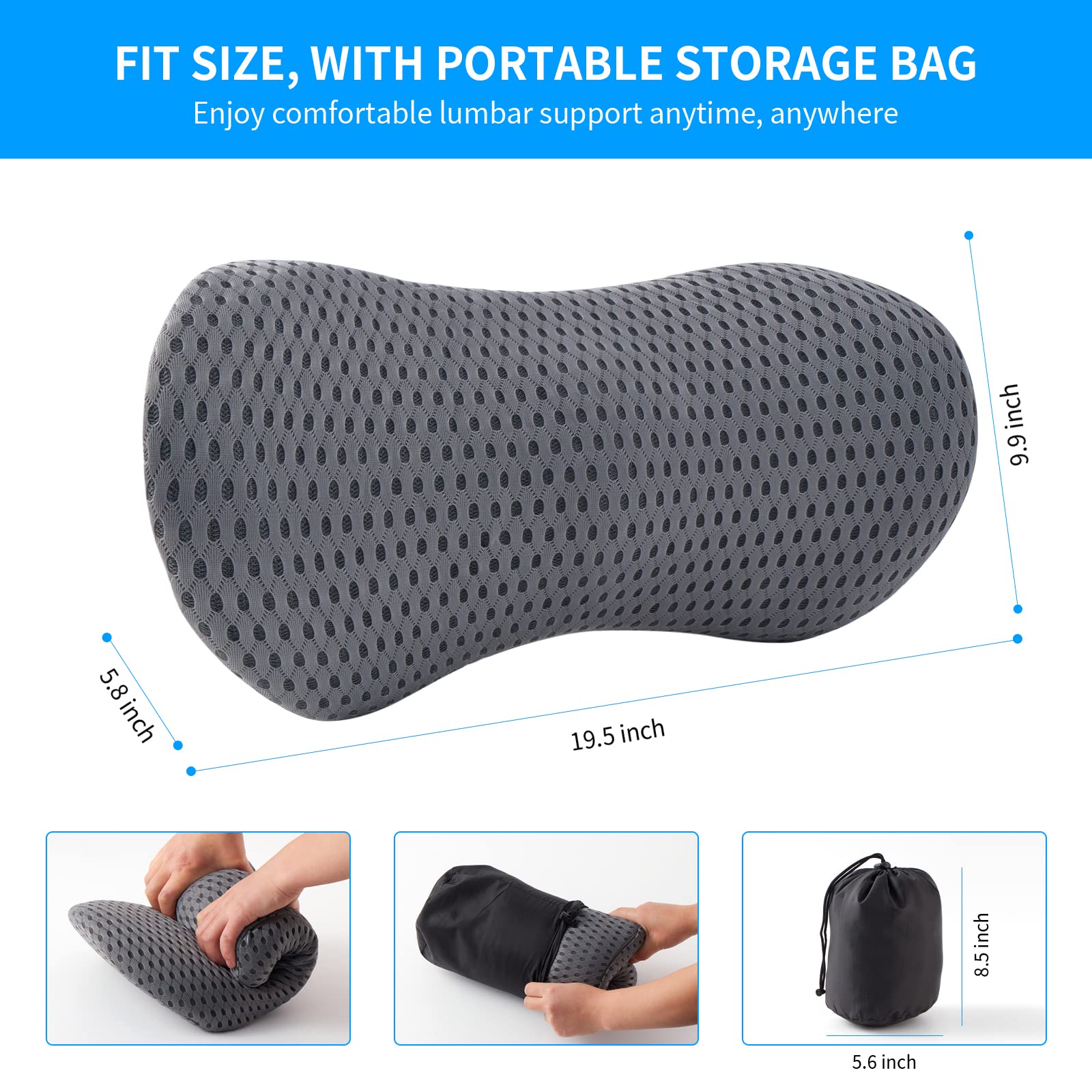 FOUSUPDT lumbar pillow fits in a compact storage bag for travel