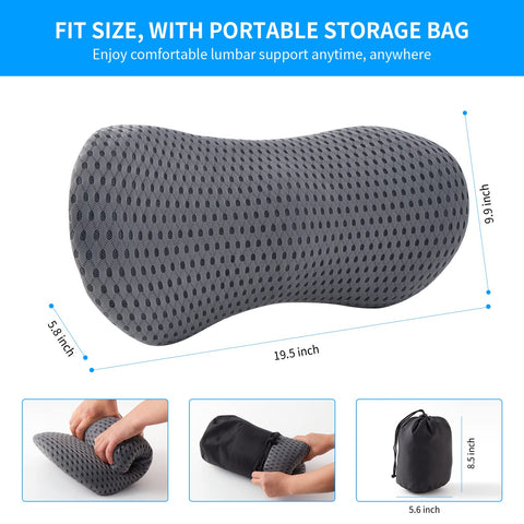 FOUSUPDT lumbar pillow fits in a compact storage bag for travel