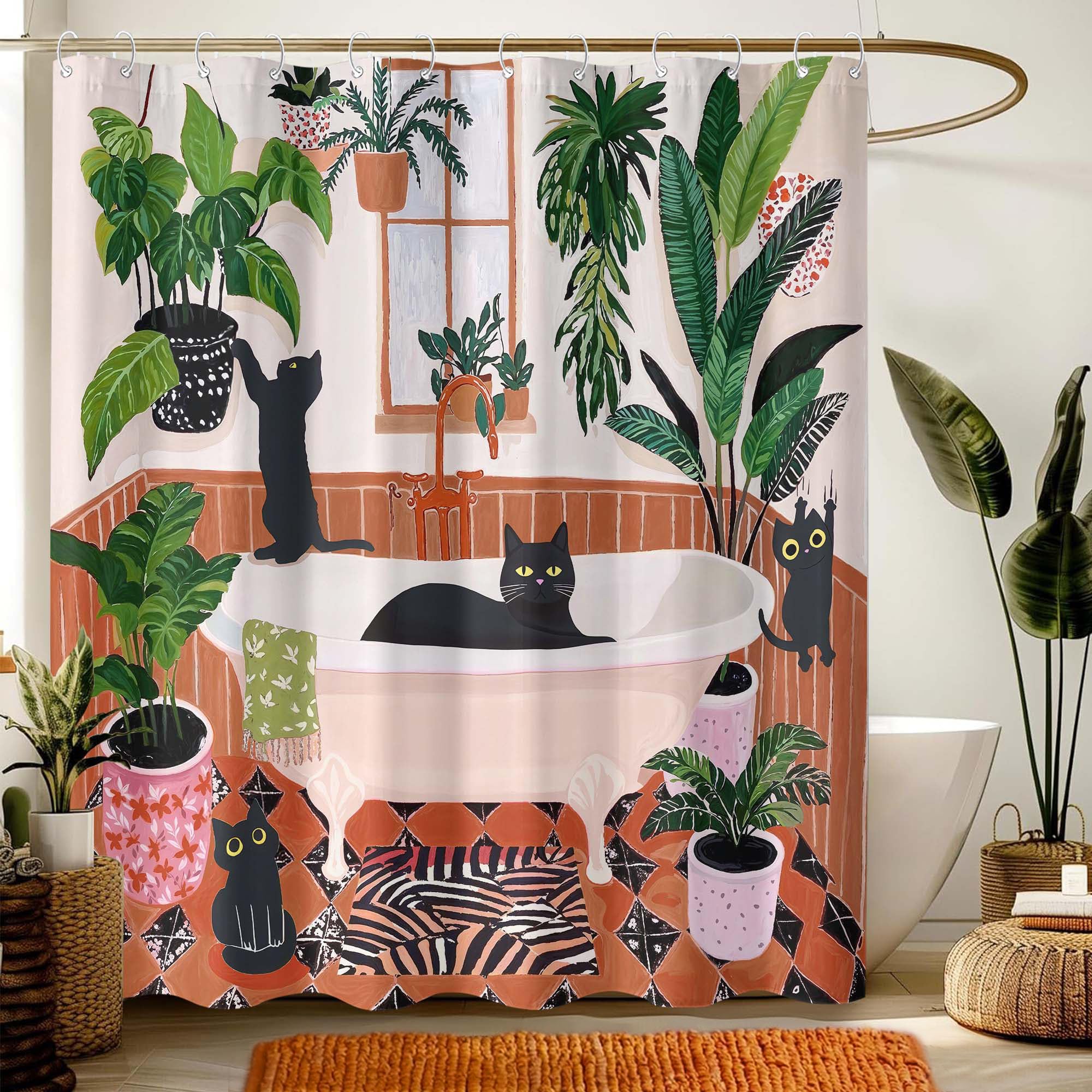 Fowocu cat shower curtain black cats matisse style enhances vintage-inspired bathroom vibe