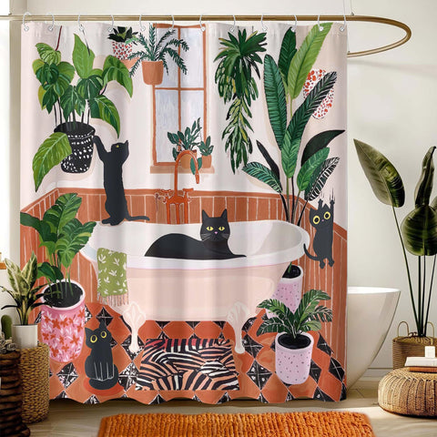 Fowocu cat shower curtain black cats matisse style enhances vintage-inspired bathroom vibe
