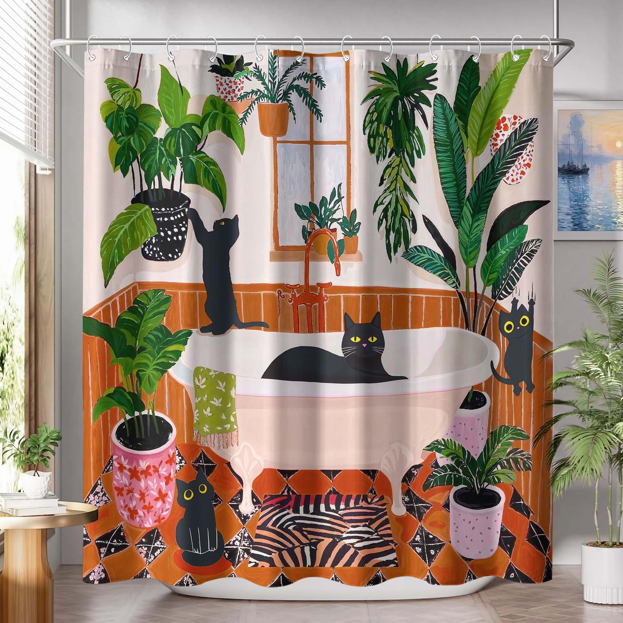 Fowocu cat shower curtain kit with metal grommets and hooks for quick setup