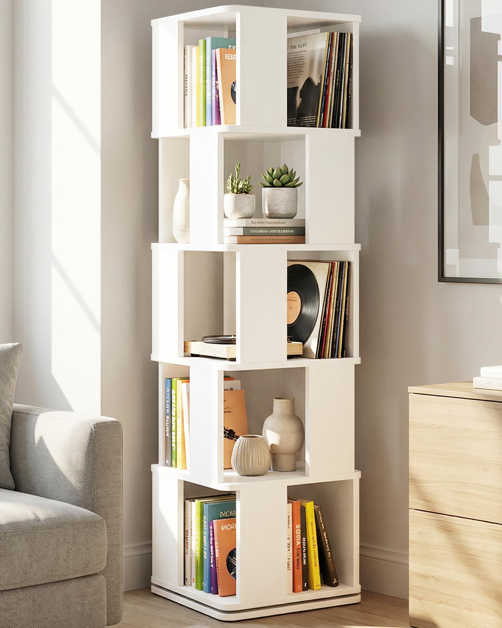 Foxemart 5-Tier rotating bookshelf tower in corner shows ample storage