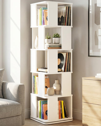 Foxemart 5-Tier rotating bookshelf tower in corner shows ample storage