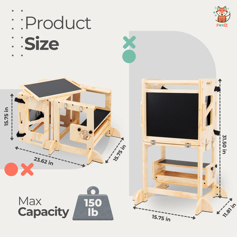 FOXIZ toddler tower set up with safety net at counter height