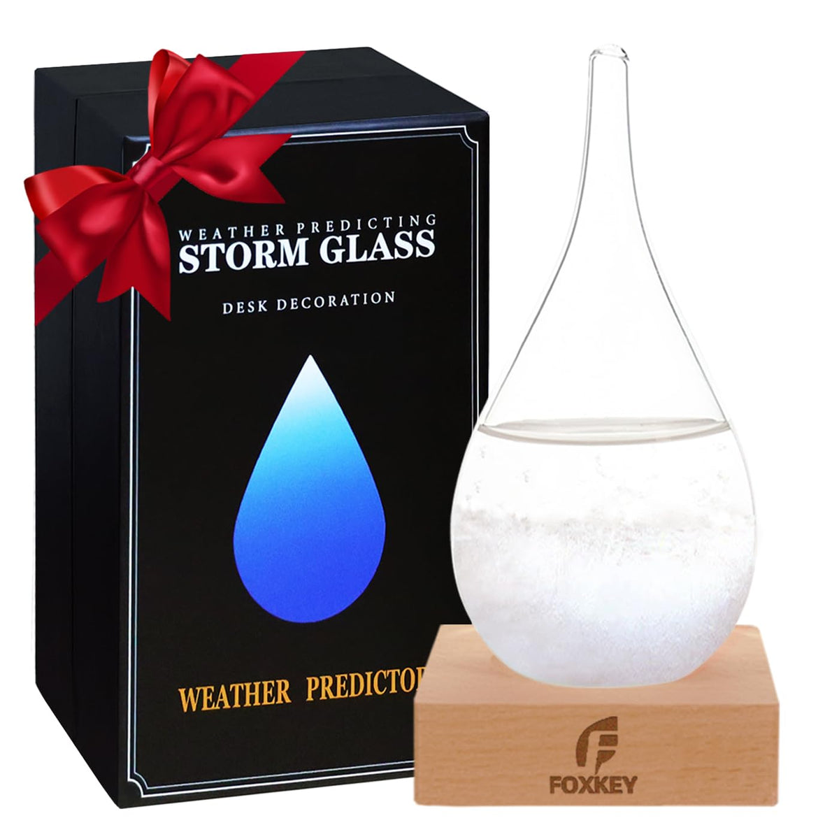 F FOXKEY storm glass weather predictor close-up reveals evolving crystal patterns for stylish decor.