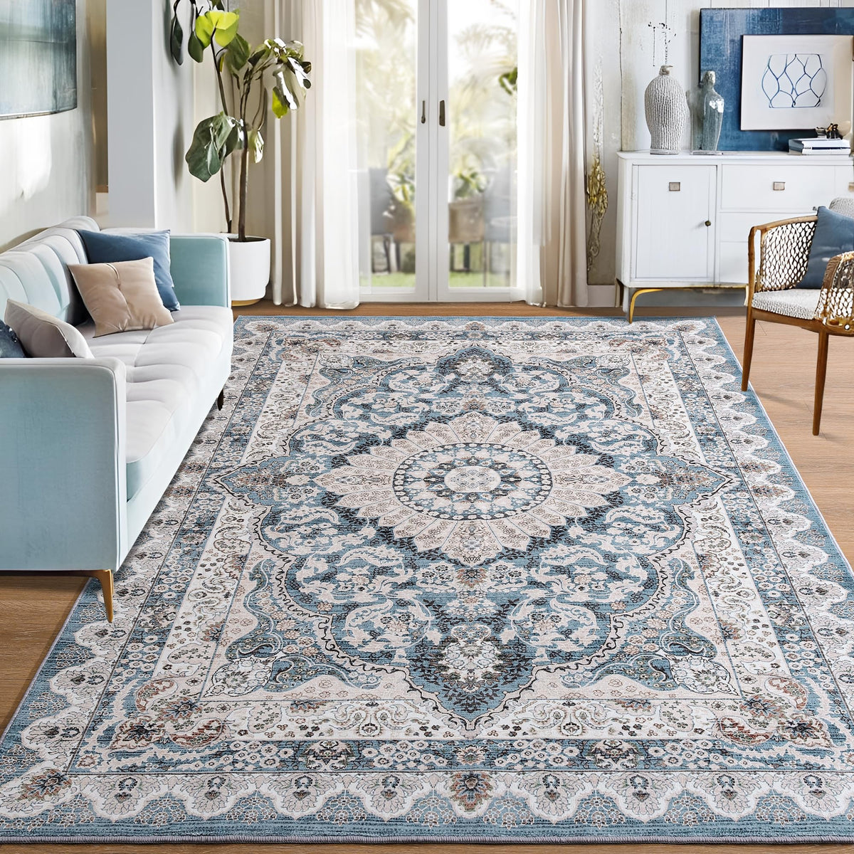 Foxmas 6x9 blue area rug adds cozy comfort to living rooms.
