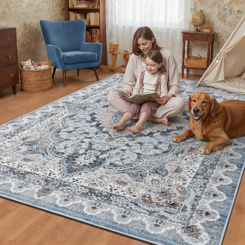 Foxmas geometric floral pattern blue rug enhances room visuals.