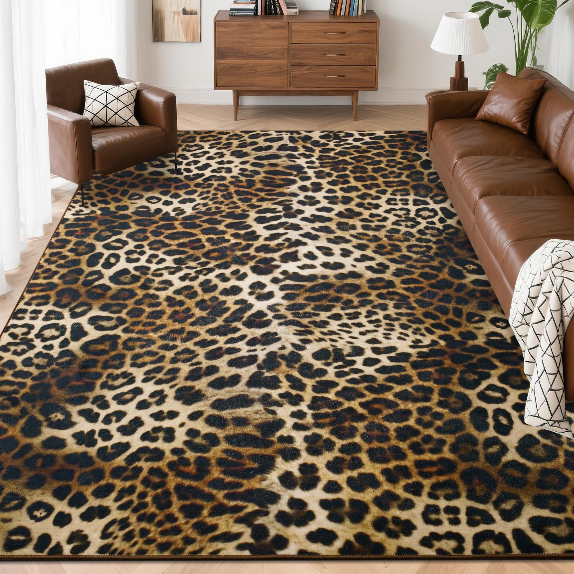 Foxmas Leopard Area Rug 4x6 in living room with soft underfoot and warm dark brown tones.
