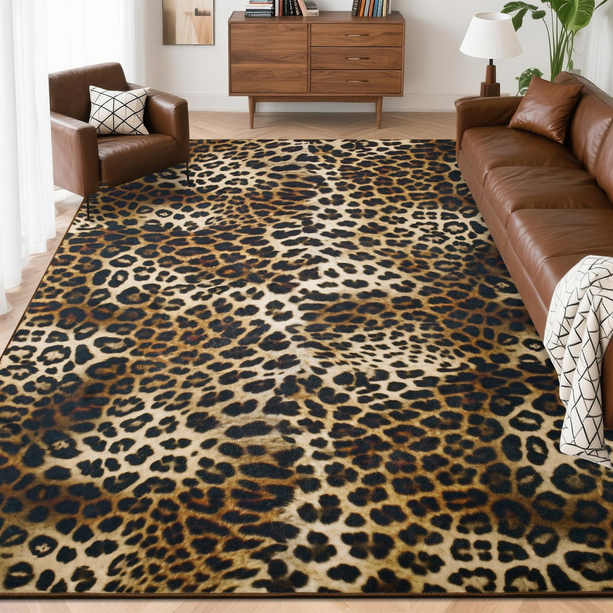 Foxmas Leopard Area Rug 4x6 in living room with soft underfoot and warm dark brown tones.