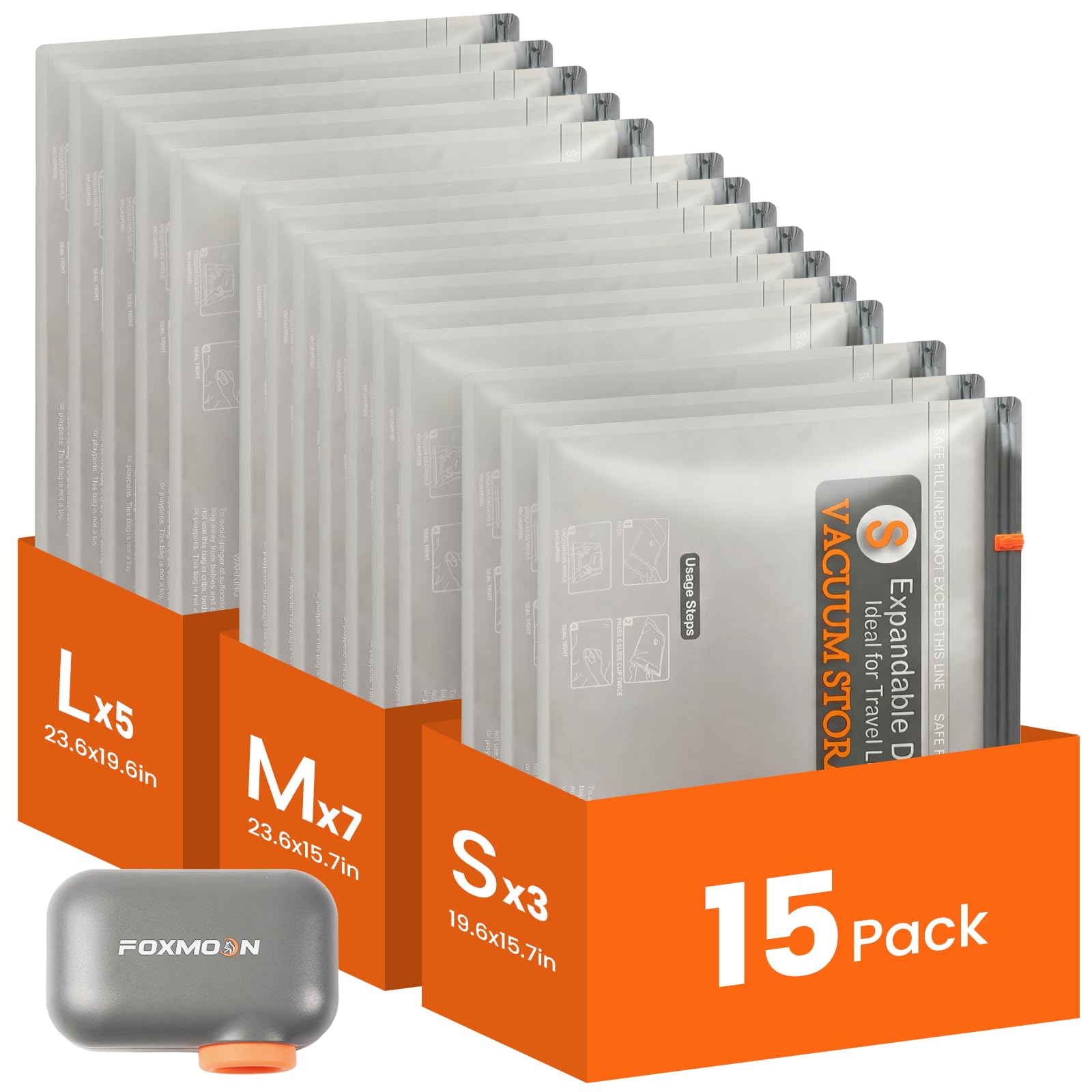 Foxmoon vacuum bag travel kit 15-pack helps organize outfits and save space on trips.