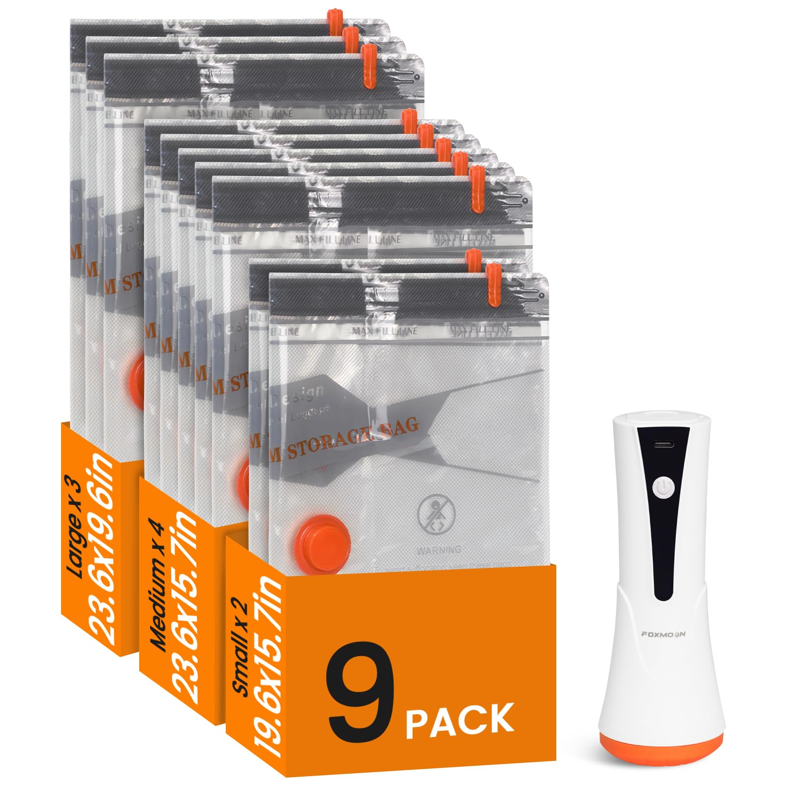 Foxmoon vacuum seal bags in a suitcase showing space-saving organization.