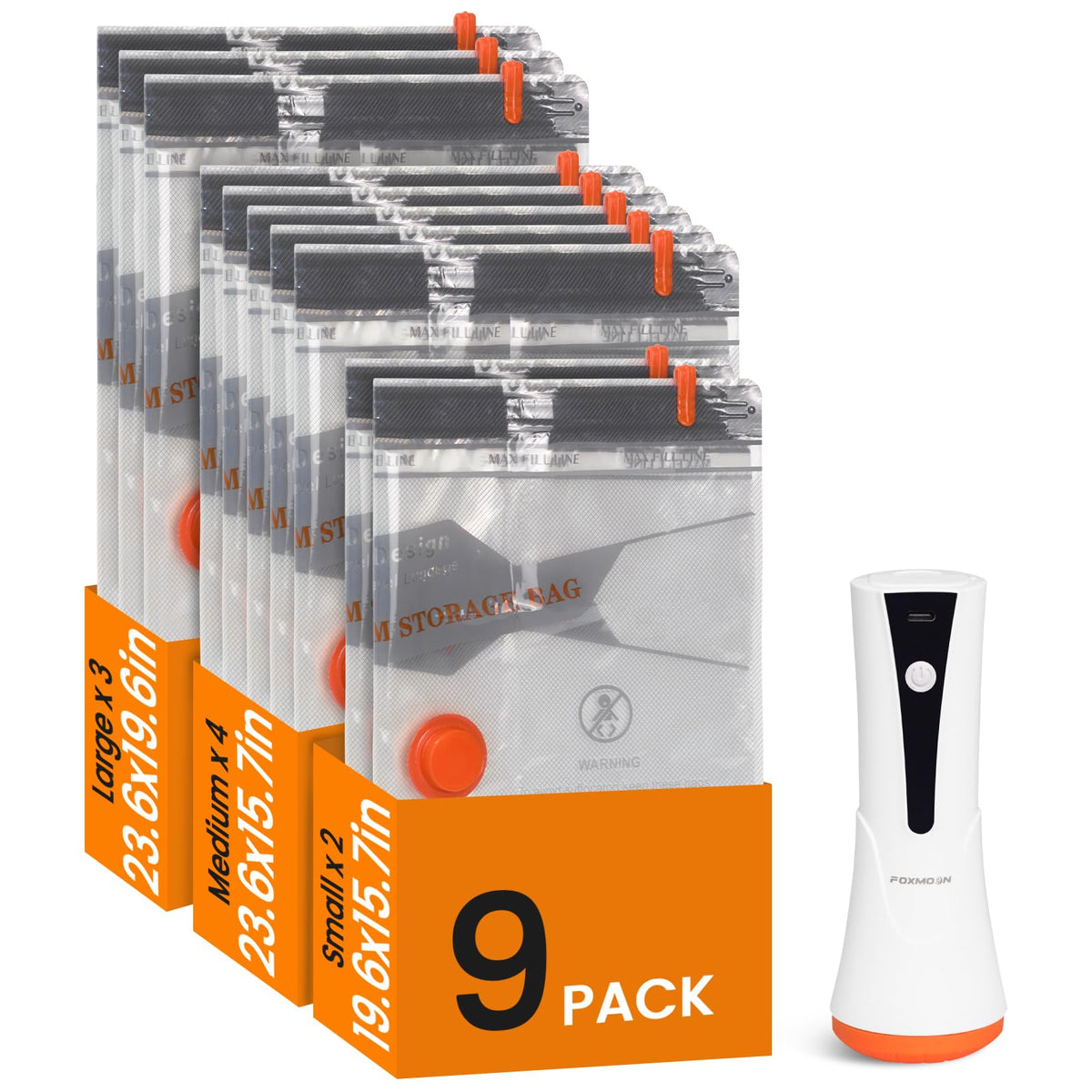 Foxmoon vacuum seal bags in a suitcase showing space-saving organization.