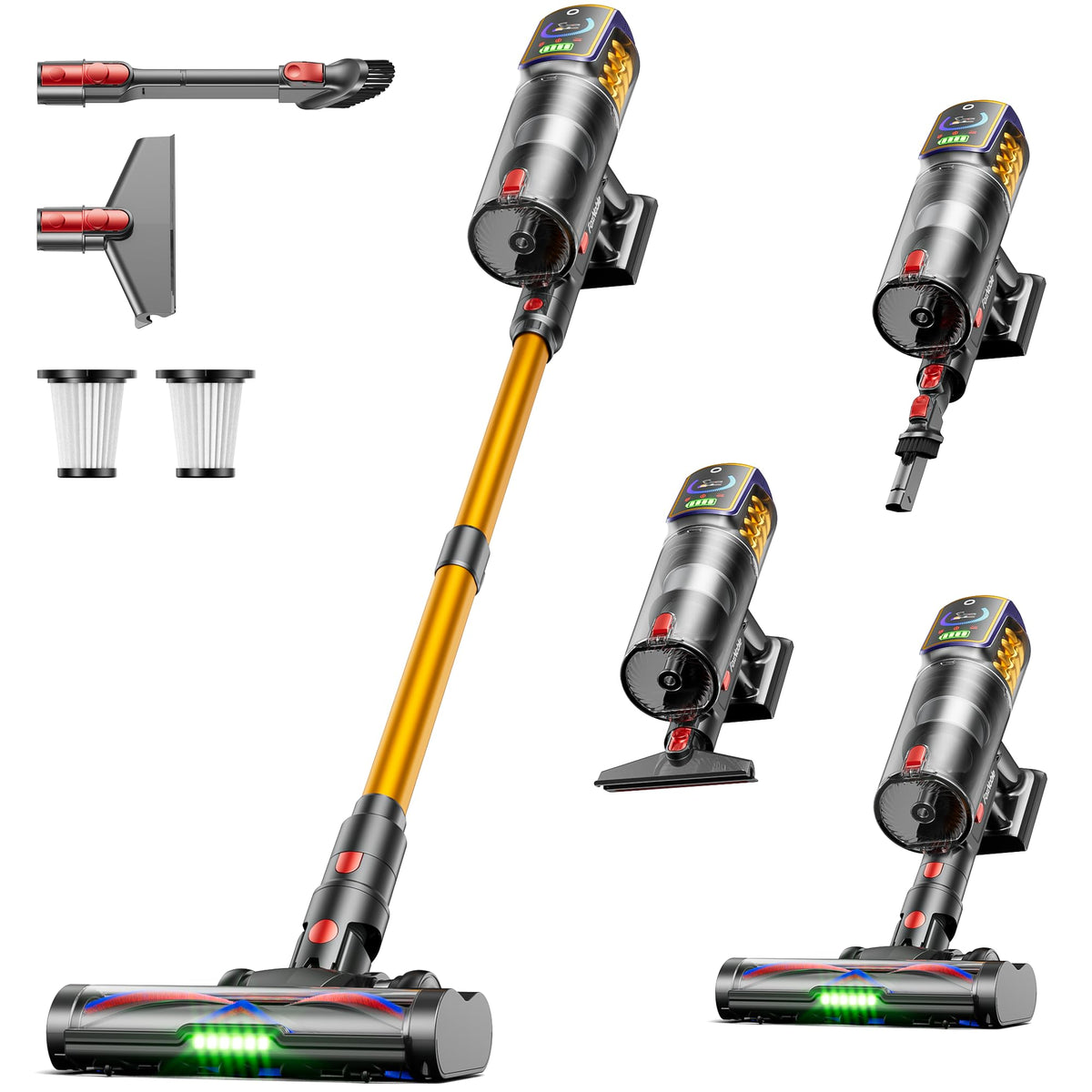 FoxNoble cordless vacuum with LED display showing battery and mode for easy power control.