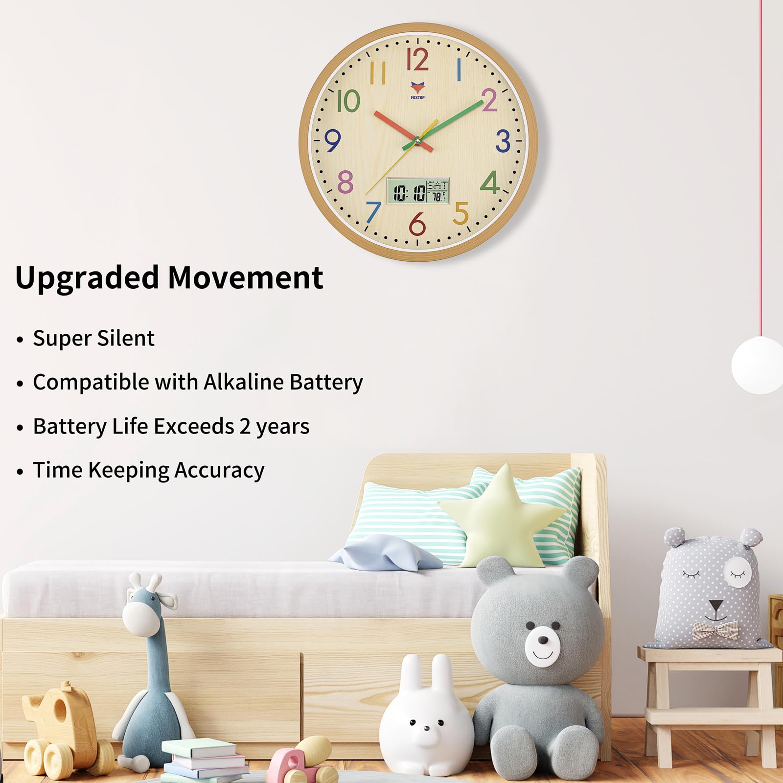 Foxtop 12-inch wall clock silent movement closeup for quiet rooms.