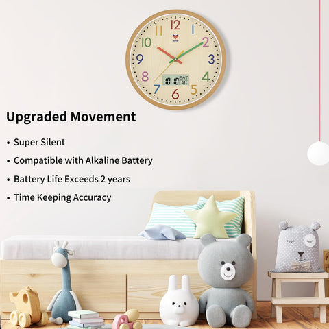 Foxtop 12-inch wall clock silent movement closeup for quiet rooms.
