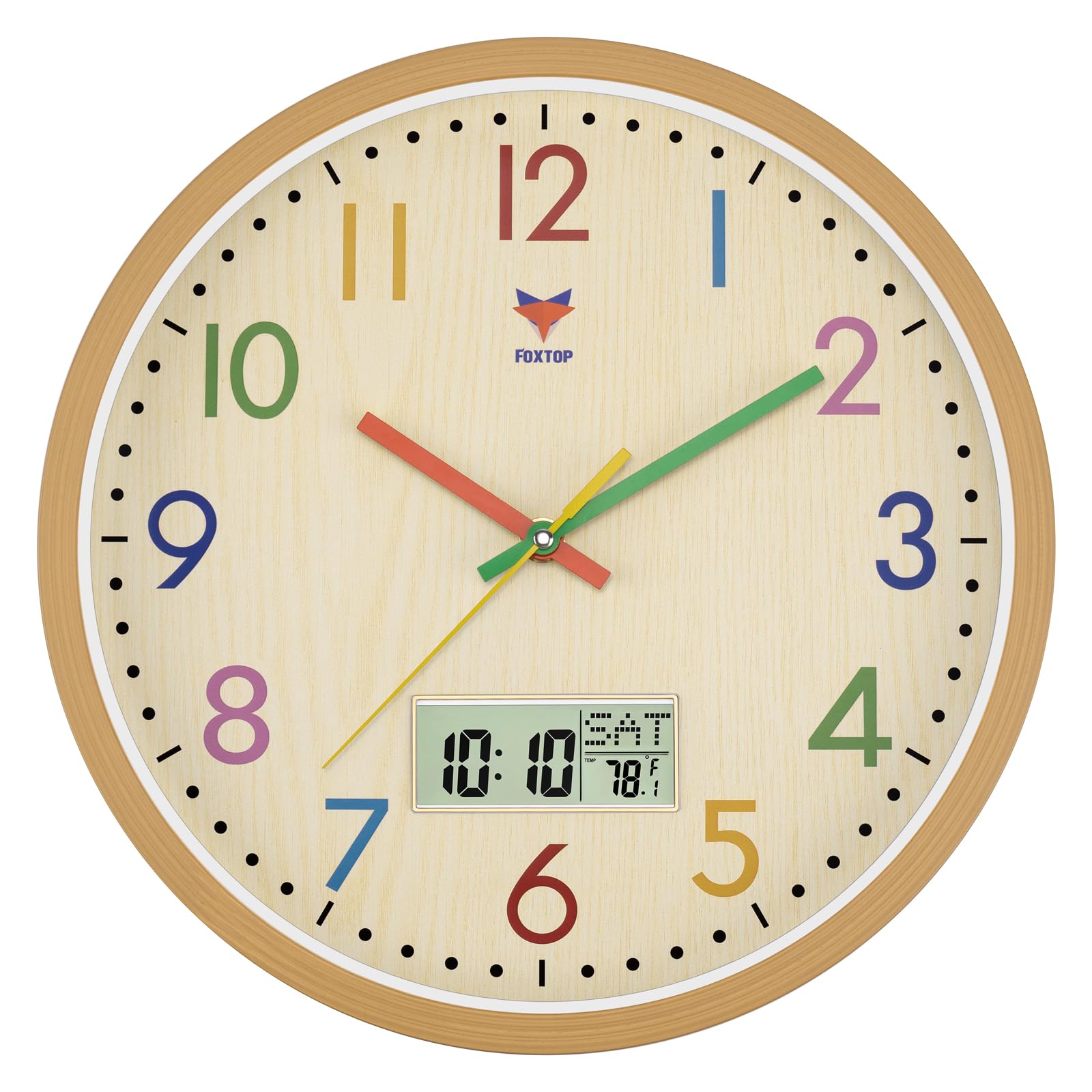 Foxtop digital-analog kids clock front view with large numbers for easy reading.