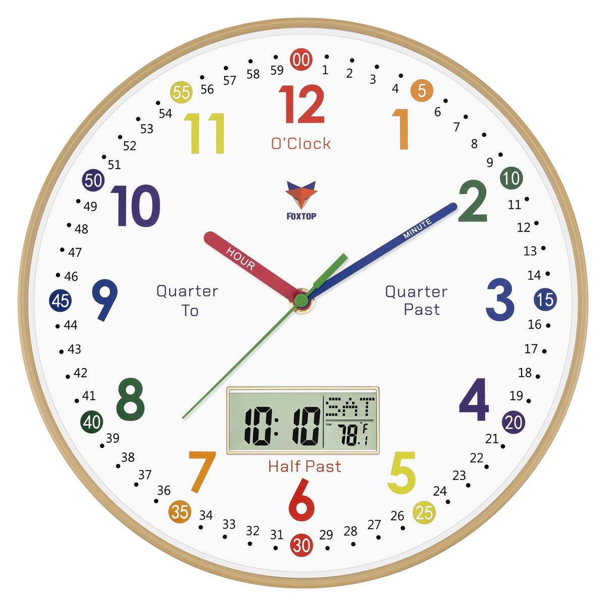 Foxtop learning clock front view with kid-friendly design for time teaching.