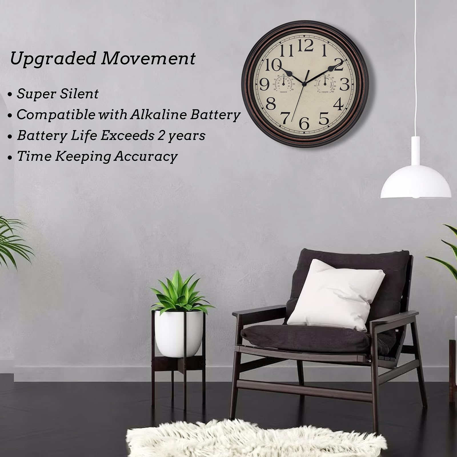 Foxtop 14-inch retro clock with silent movement for quiet spaces.