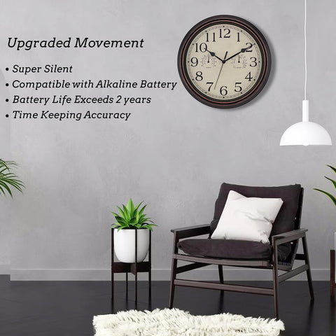 Foxtop 14-inch retro clock with silent movement for quiet spaces.