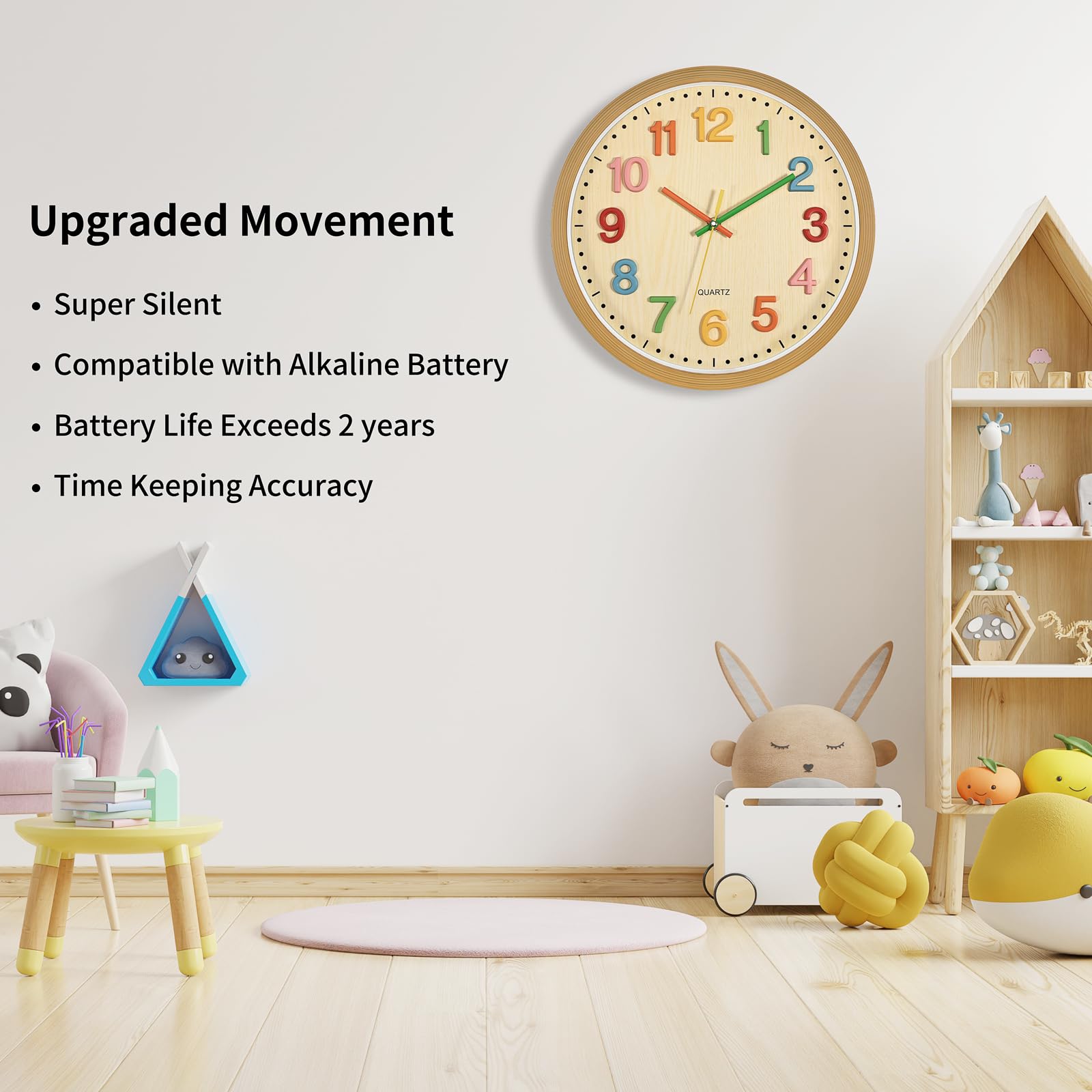 Foxtop Silent Kids Wall Clock 3D numbers close-up showing engaging classroom tool