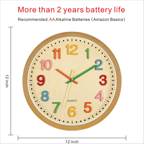 Foxtop Silent Kids Wall Clock colorful numbers side view for visual time cues