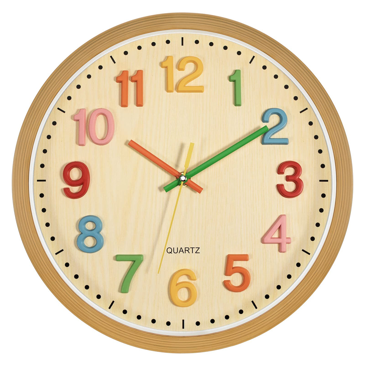 Foxtop Silent Kids Wall Clock front view with 12-inch face for easy time learning