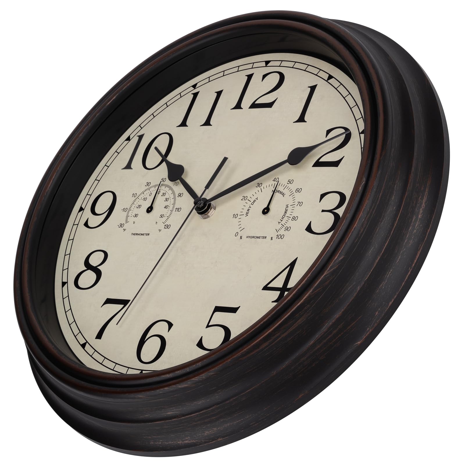 Foxtop clock features waterproof rear cover for outdoor reliability.