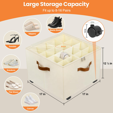 Foyego shoe organizer shows capacity for 16-32 pairs in vertical compartments.