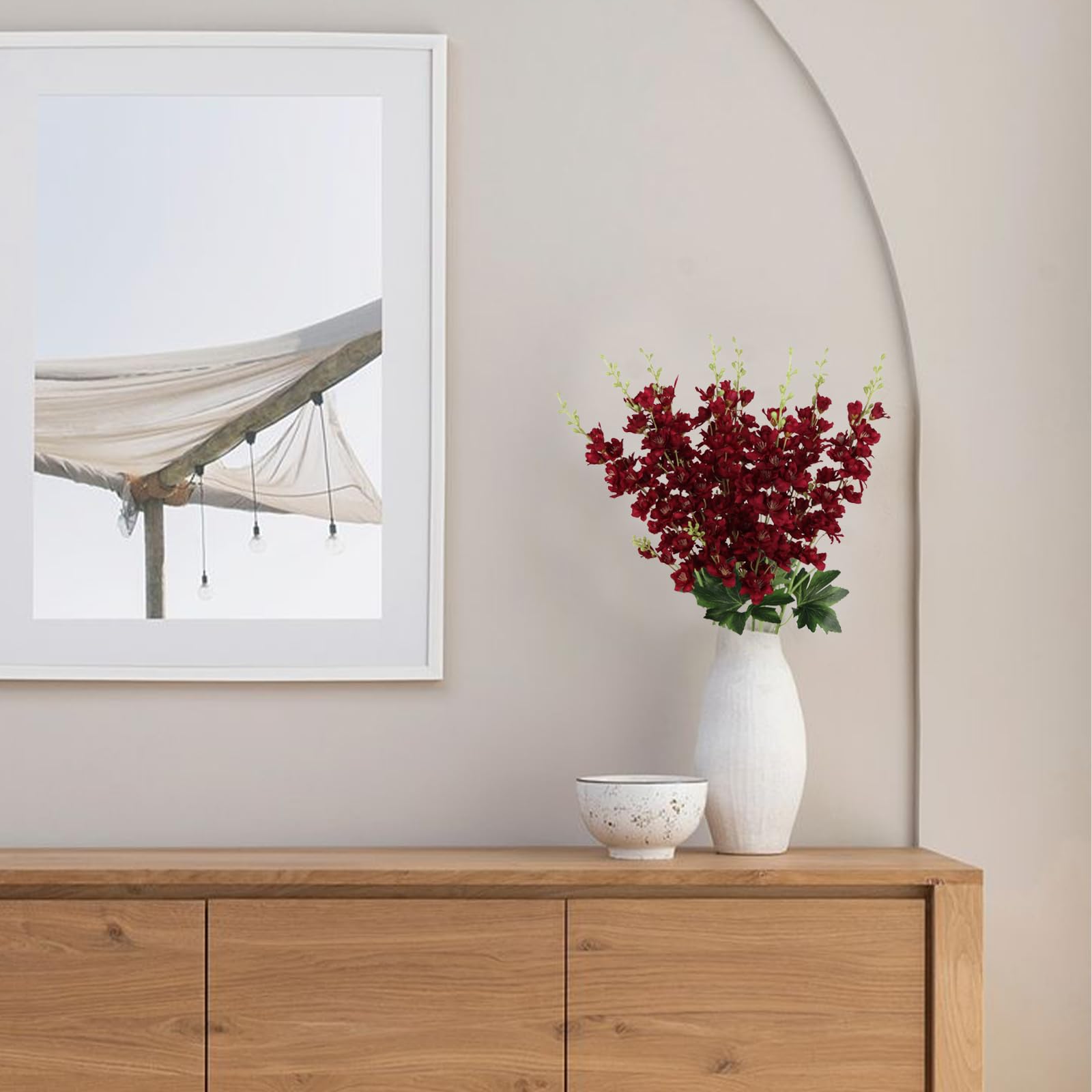 Fqueelvys Burgundy delphinium display complements living rooms and offices.