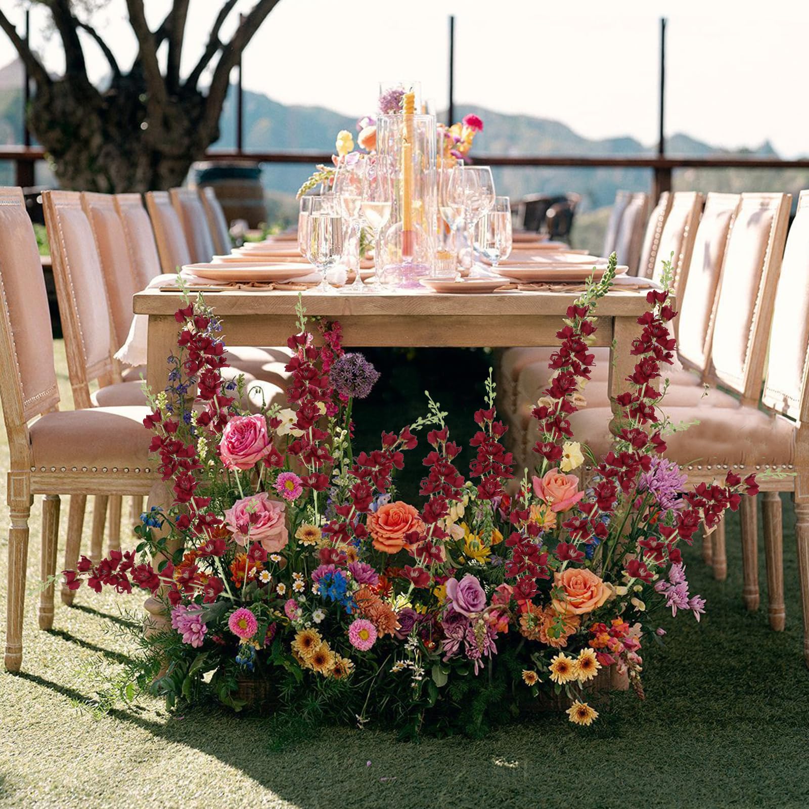 Fqueelvys artificial delphinium for no-maintenance wedding or party decor.