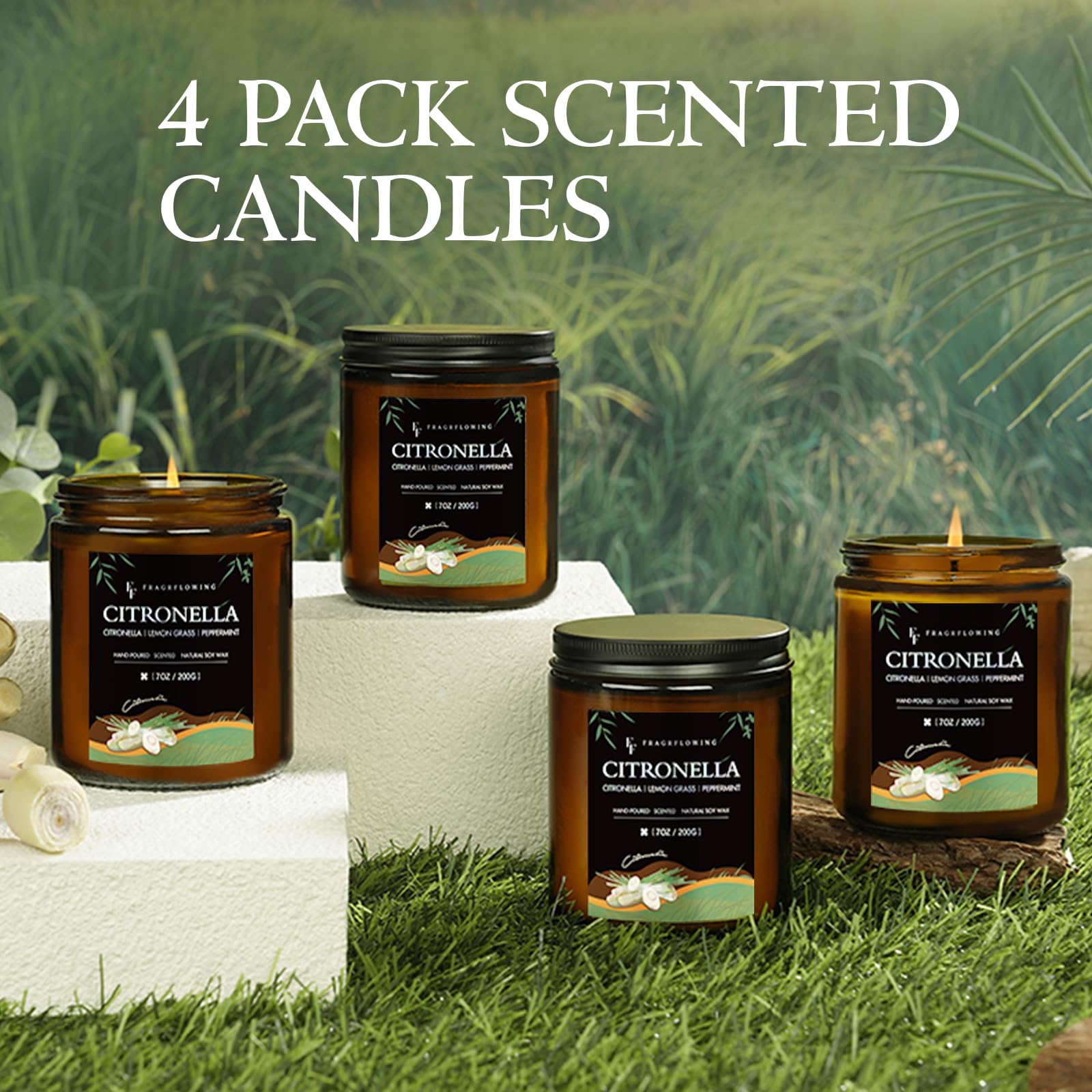 FF FRAGRFLOWING citronella candle lit at dusk enhances indoor and outdoor spaces.