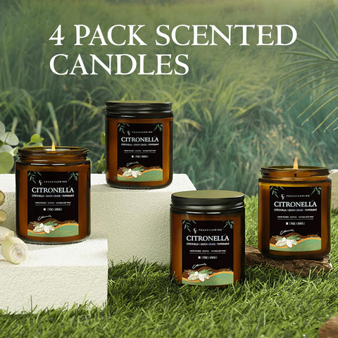 FF FRAGRFLOWING citronella candle lit at dusk enhances indoor and outdoor spaces.