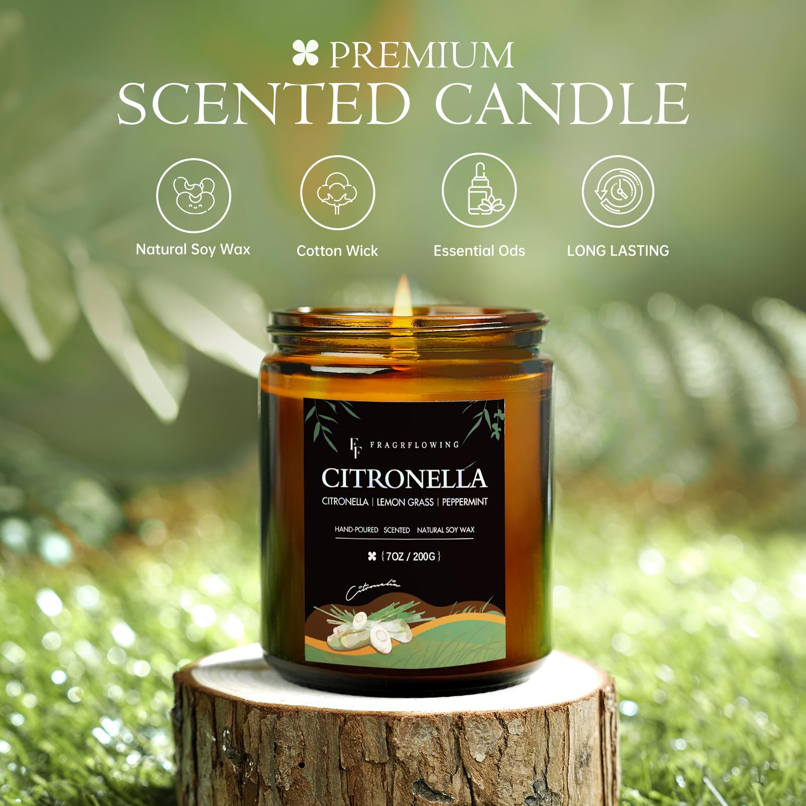 FF FRAGRFLOWING citronella candle wick close-up shows cotton wick for even burning.