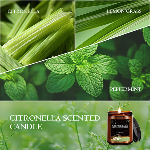 FF FRAGRFLOWING citronella candles outdoors on a dining table, creating fresh summer ambience.
