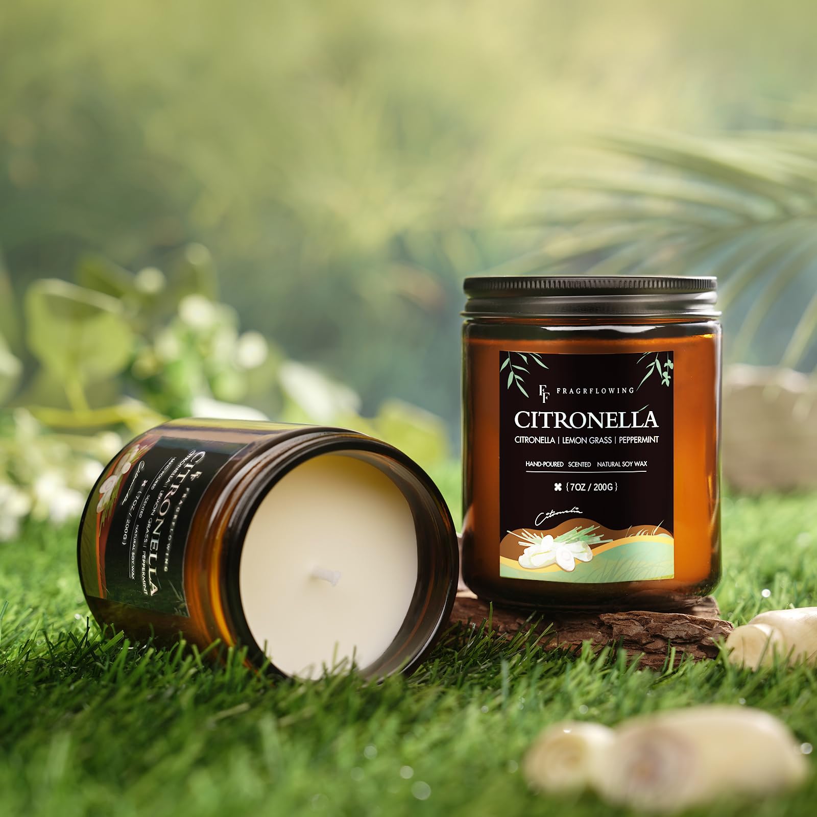 FF FRAGRFLOWING citronella soy wax jar highlights natural, clean burn for patios.