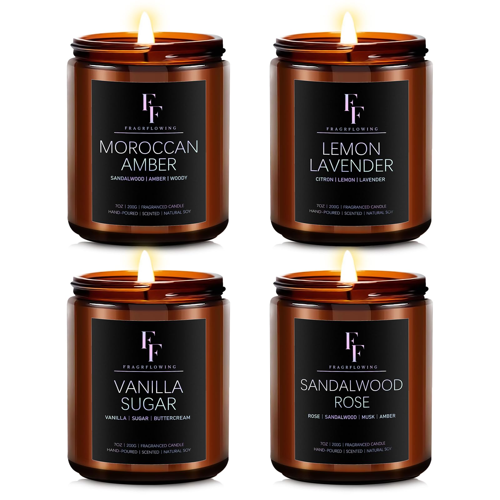 FF FRAGRFLOWING four-pack candles displayed for gifting and ambience.