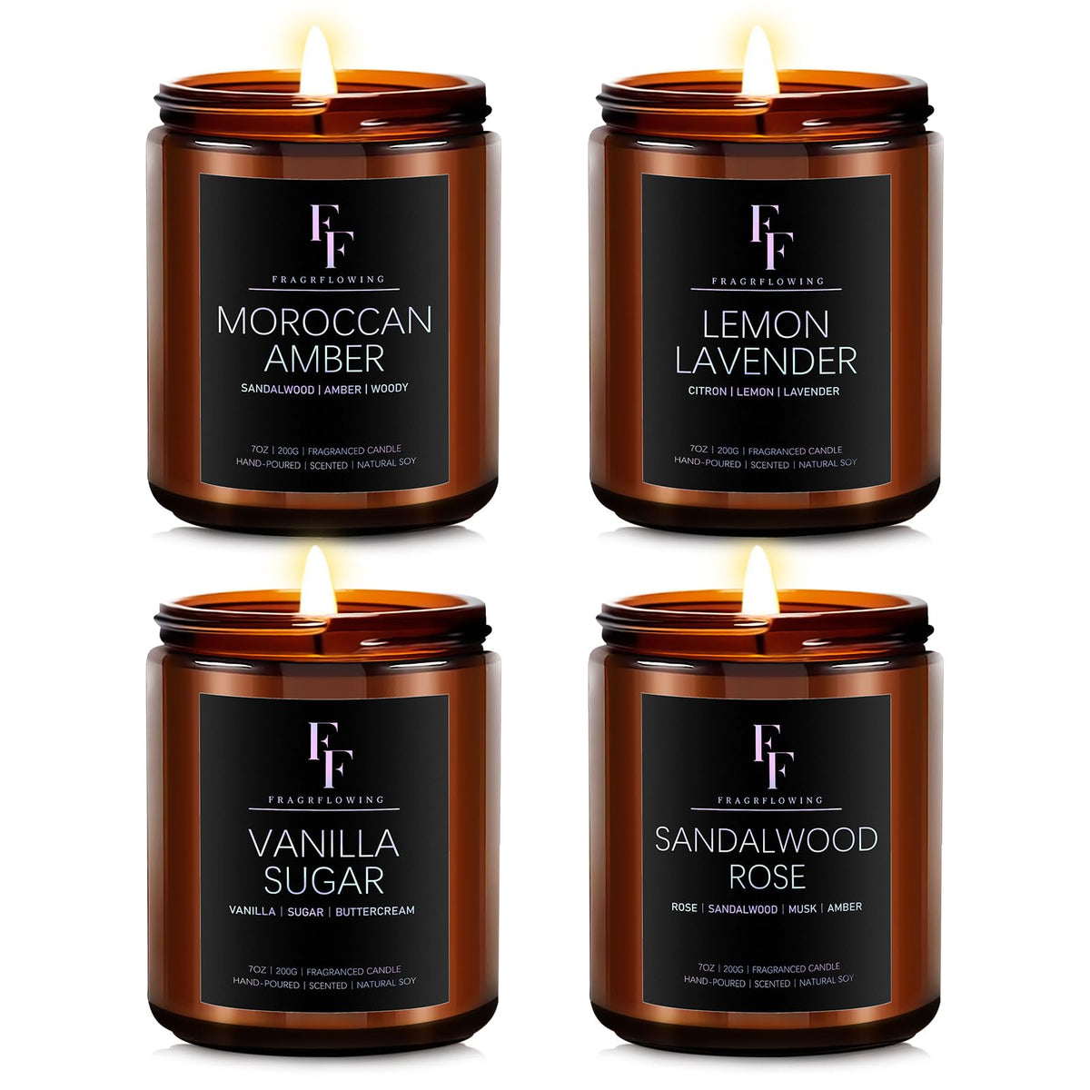 FF FRAGRFLOWING four-pack candles displayed for gifting and ambience.
