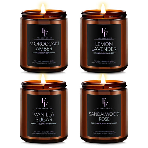 FF FRAGRFLOWING four-pack candles displayed for gifting and ambience.
