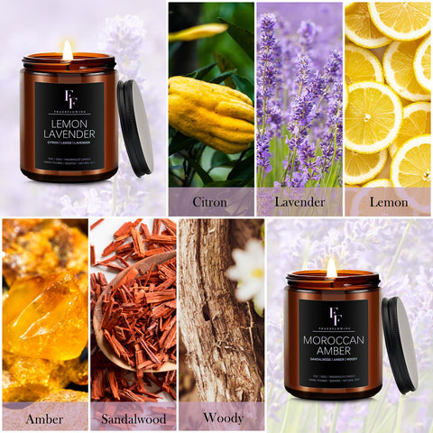 FF FRAGRFLOWING rose amber vanilla lemon scents close-up on candles.
