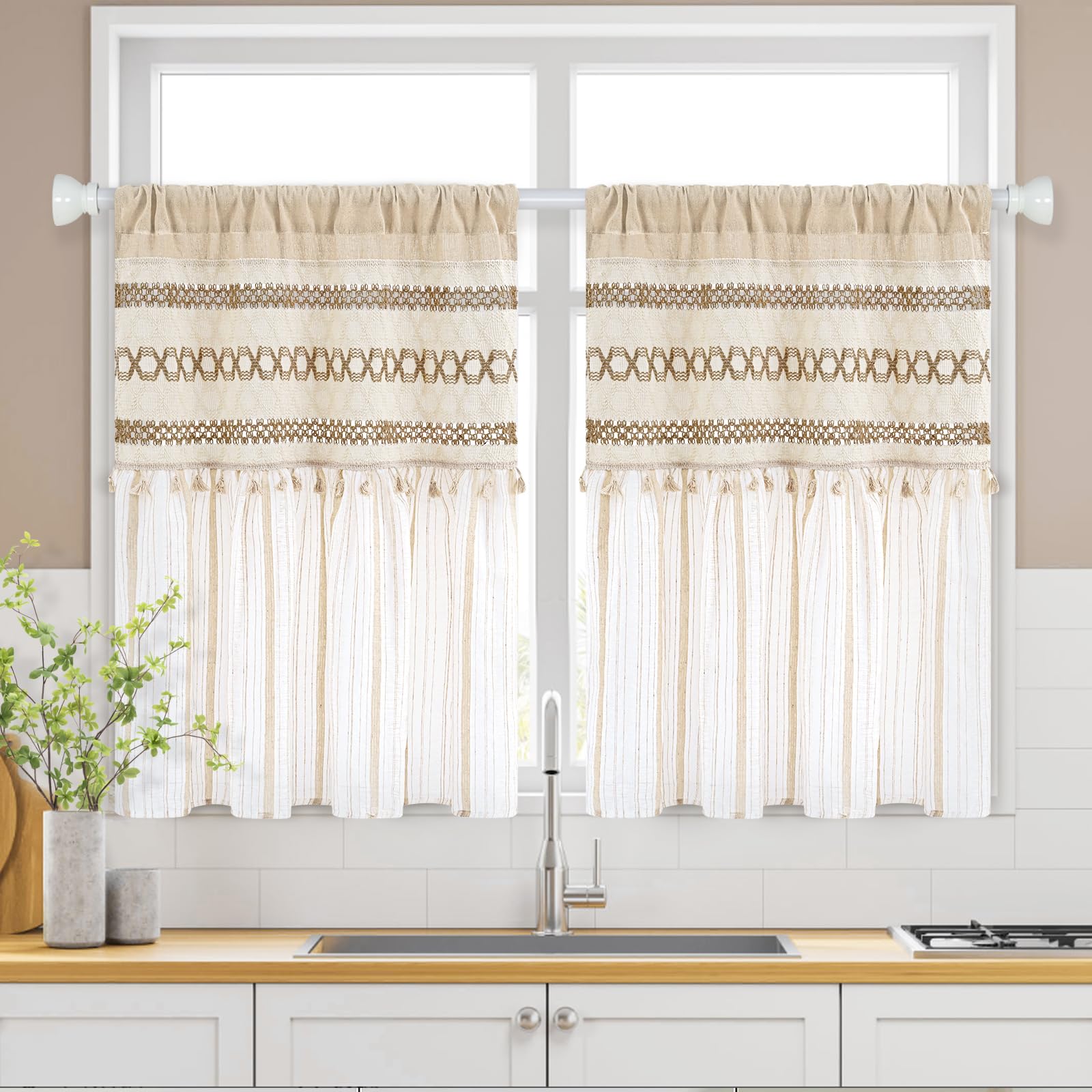 FRAMICS Farmhouse patchwork-top curtain adds rustic kitchen charm