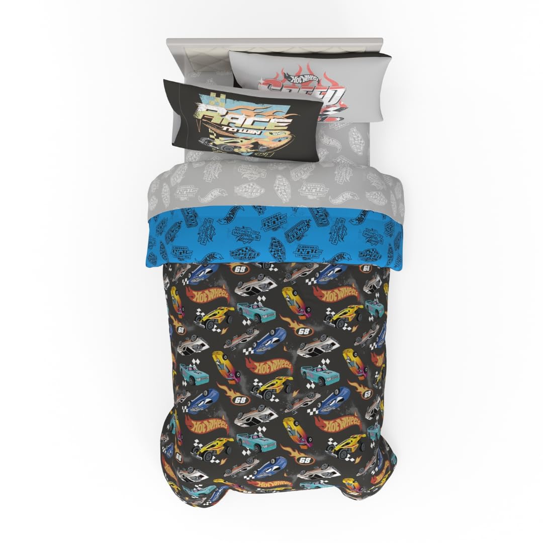 Franco Hot Wheels reversible comforter with dual racing designs for kids' rooms.