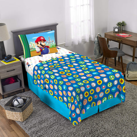 Franco Mario twin flat sheet with vibrant multicolor Super Mario gameplay print