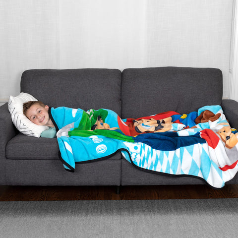 Franco Mario Game Kings blanket back highlights blue and white backdrop for easy styling