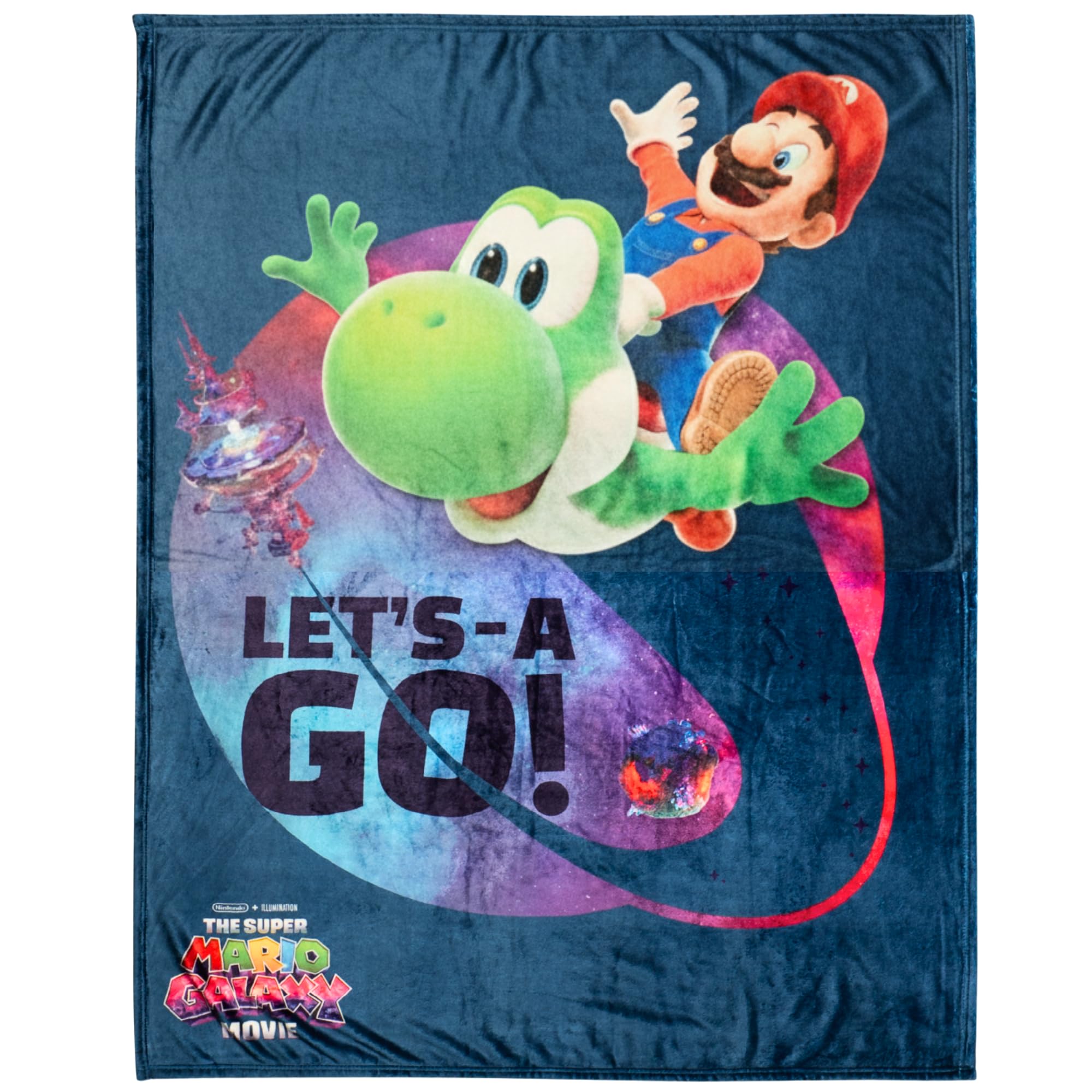 Franco Mario Yoshi galaxy throw blanket front view for cozy movie nights.