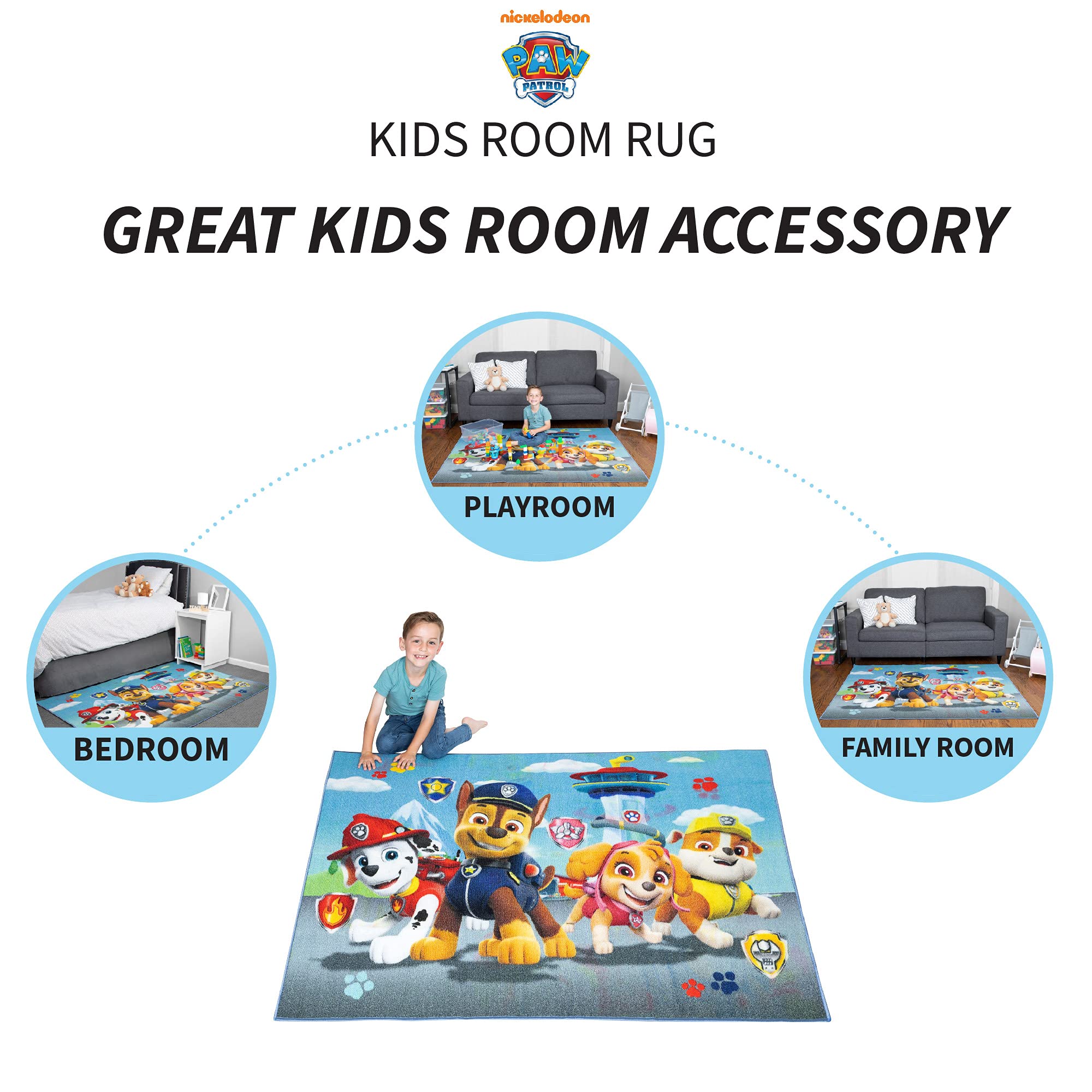 Franco Paw Patrol area rug durable nylon weave stands up to daily kids' play hours.