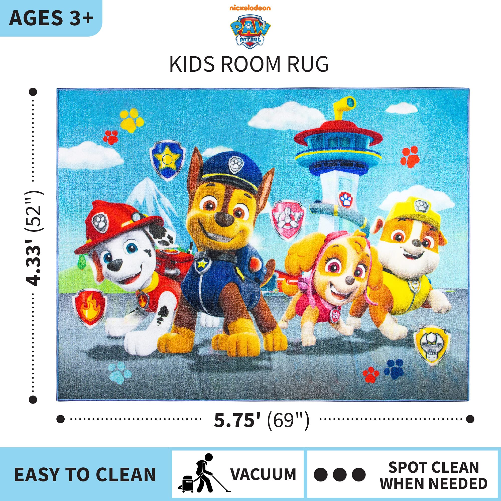 Franco Paw Patrol area rug size 69x52 inches fits playrooms and nurseries nicely.