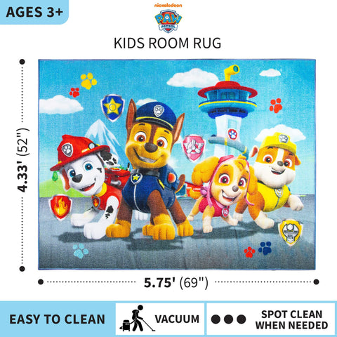 Franco Paw Patrol area rug size 69x52 inches fits playrooms and nurseries nicely.