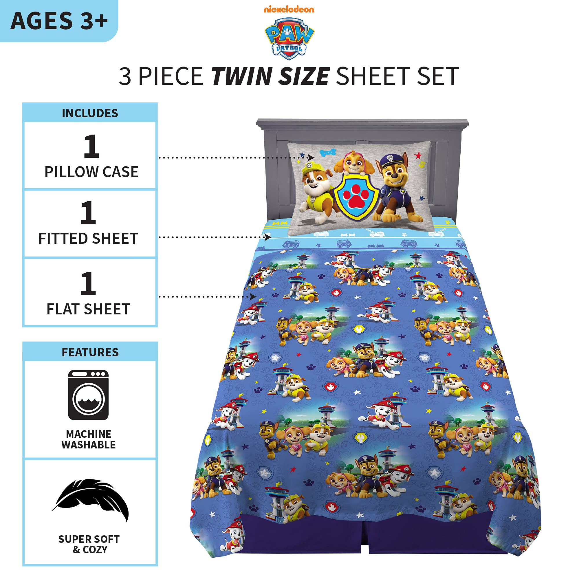 Franco Paw Patrol flat sheet with colorful rescue vehicle prints.
