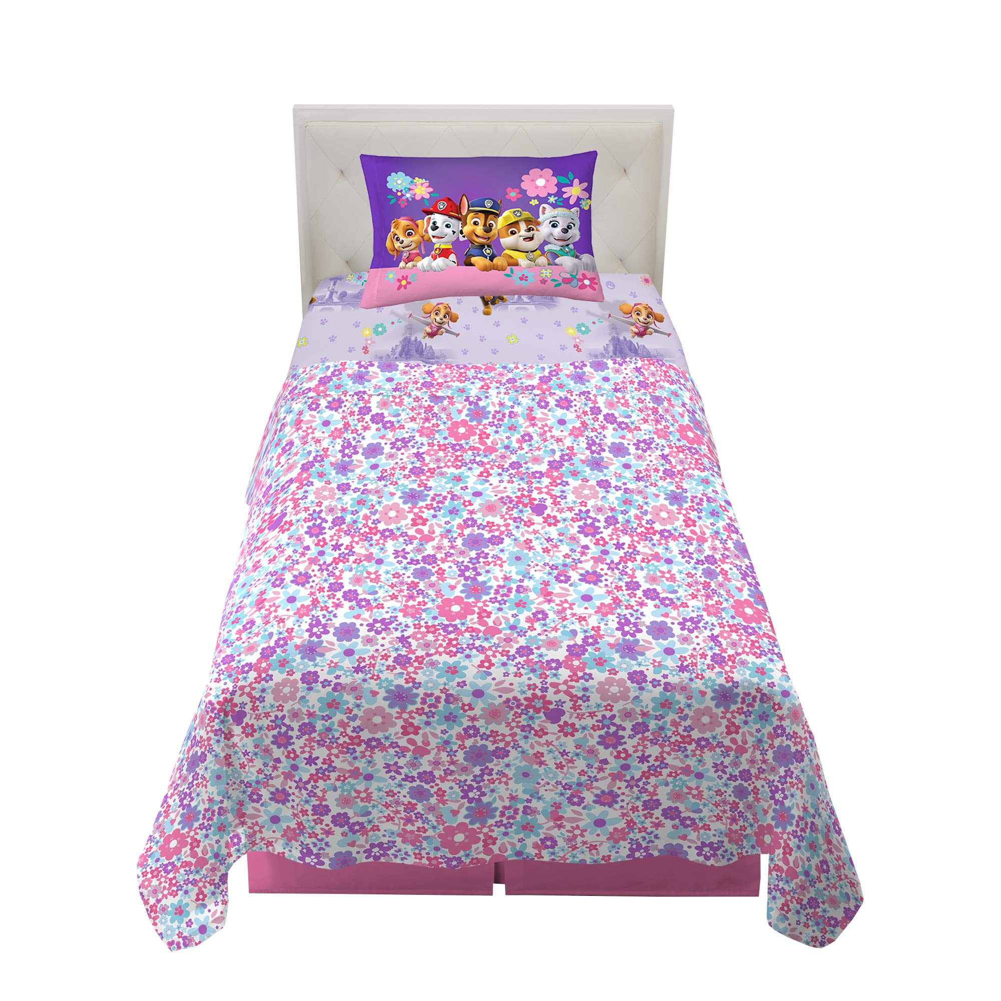 Franco Paw Patrol girls fitted sheet with flower doggies, soft and durable for kids' nights.