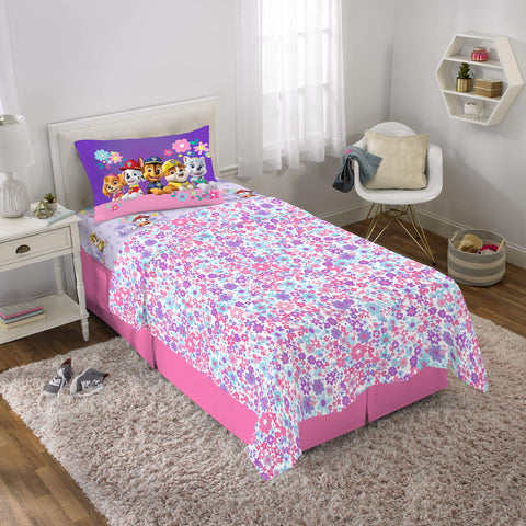 Franco Paw Patrol girls flat sheet with floral print, vibrant design brightening bedtimes.